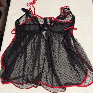 Adore Me Black Sheer Polka Dot Babydoll with Red Trim